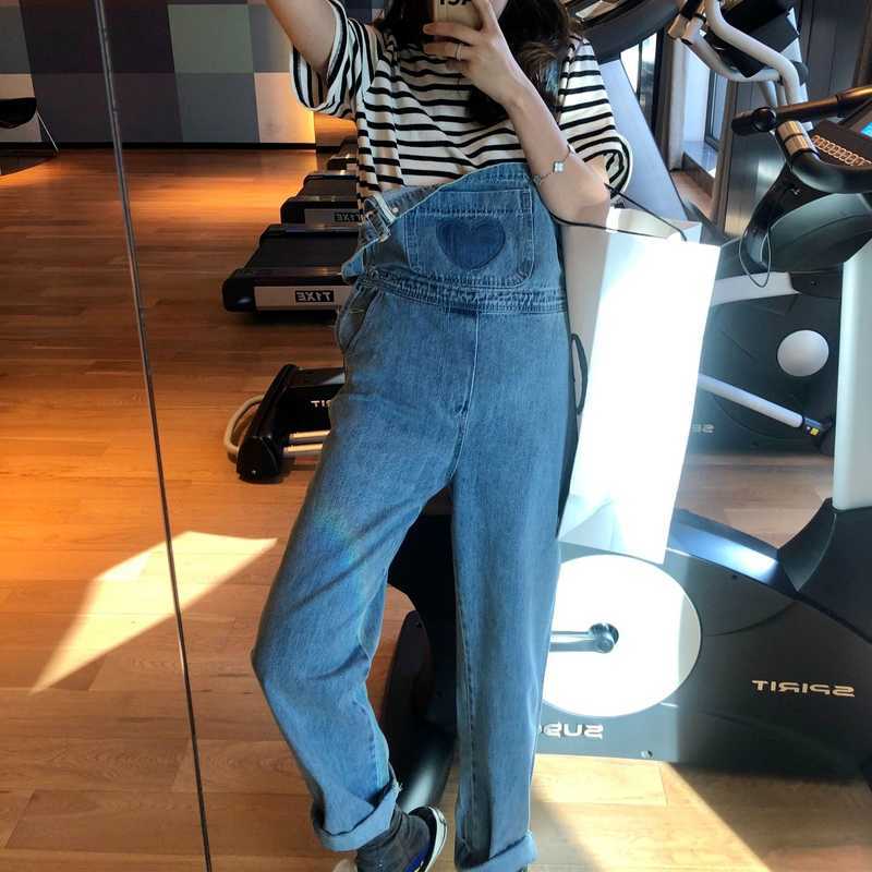 Kawaii Solid Loose Casual Denim Overalls Korean Spring Long Pants Women Heart Print Sweet Preppy Style Trousers 13A274 210525