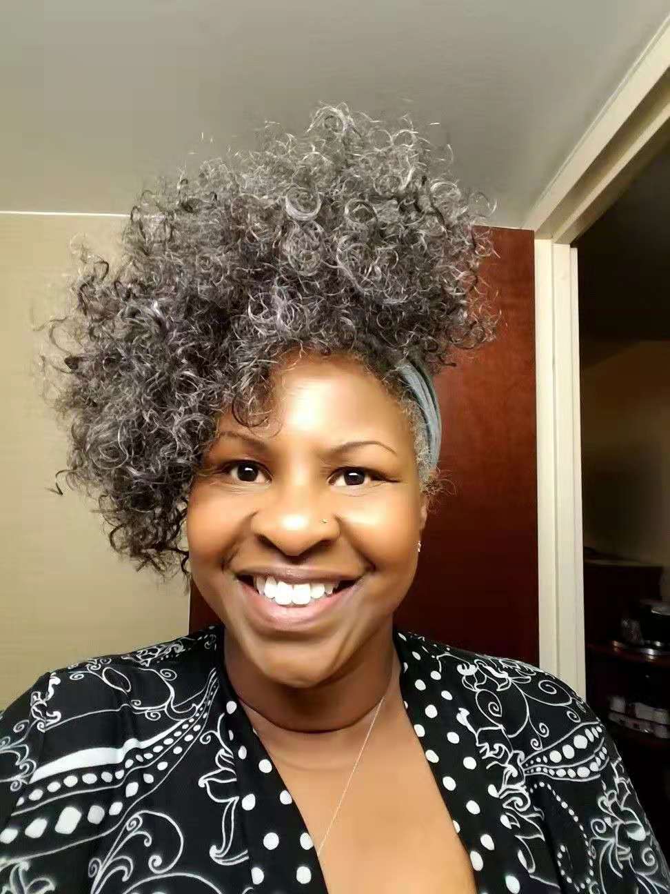 Natural highlights grey human ponytail extension Salt and pepper 4c clip in gray hair ponytails afro puff fringe bangs hairpiece