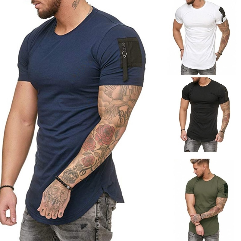 Short Sleeve T Shirt Men Summer Zipper Hip Hop Men's T-shirt High Street Slim Longline Curved Hem Tops Fitness Basic Tee Shirts 210603