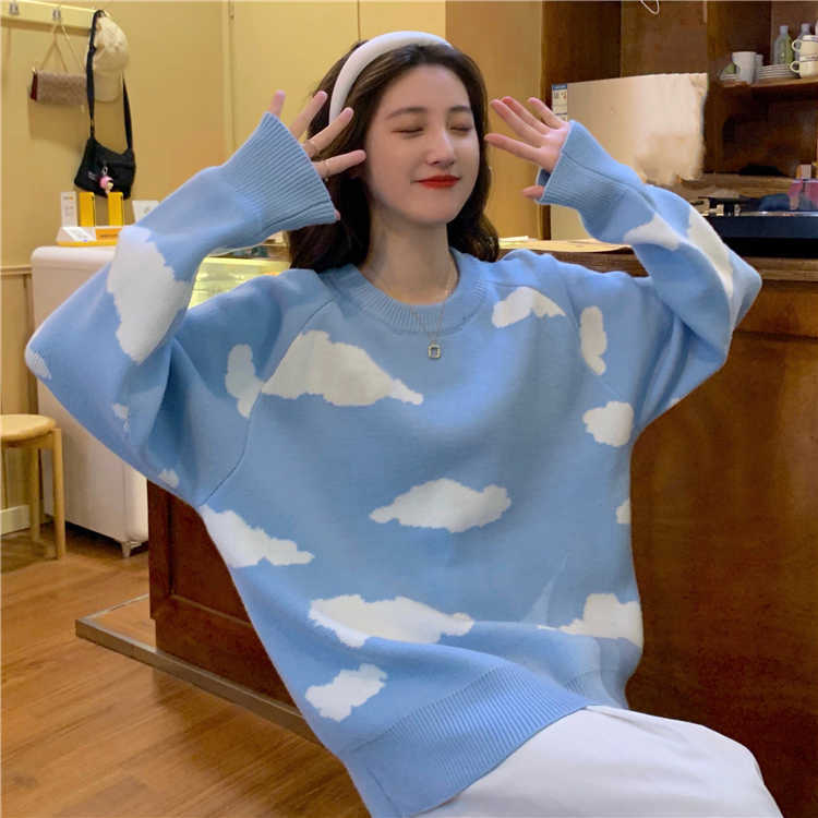 Korean Cartoon Cloud Women Sweater Chic Causal Oversized Knitted Pullover Tops Autumn Pull Jumpers 6B805 211007