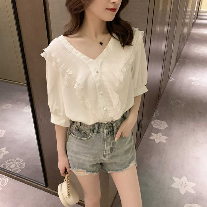 Women Spring Summer Style Chiffon Blouses Shirts Lady Casual Short Sleeve V-neck Solid Lace Loose Women' Tops DF3479 210609, White
Women Spring Summer Style Chiffon Blouses Shirts Lady Casual Short Sleeve V-neck Solid Lace Loose Women' Tops DF3479 210609, White