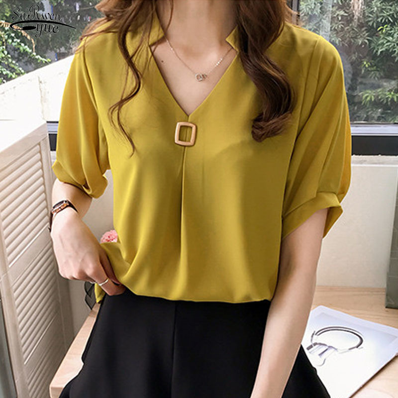 Summer Korean Loose Slim Plus Size 4XL Ladies' Tops Solid Color V-neck Short Sleeve Elegant Chiffon Blouse Women 9313 210427