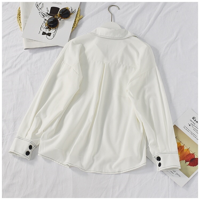 CHIC Korea Clothes Hit color line Lapel Casual Shirt Double Pockets Single-breasted buttons Loose Women Blouse Tops 210429