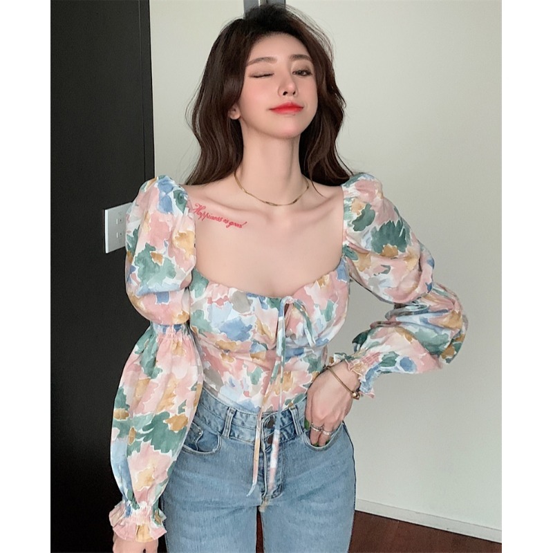 Sexy Lace Up Square Neck Flare Sleeve Blouse Women Oil Painting Printing Short Shirts Full Chic Fashion Blusas Mujer De Moda 210429