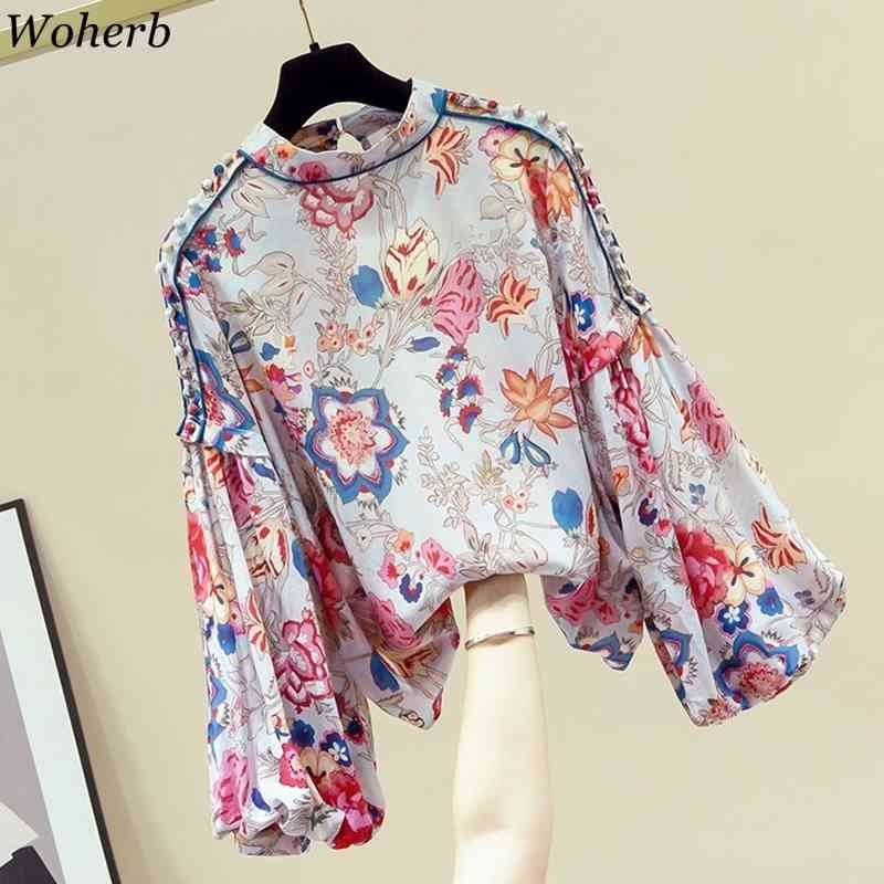Elegant Floral Blouse Women Shirts Summer Stand Collar Long Lantern Sleeve Blusas Ladies Casual All Match Blouses 210519