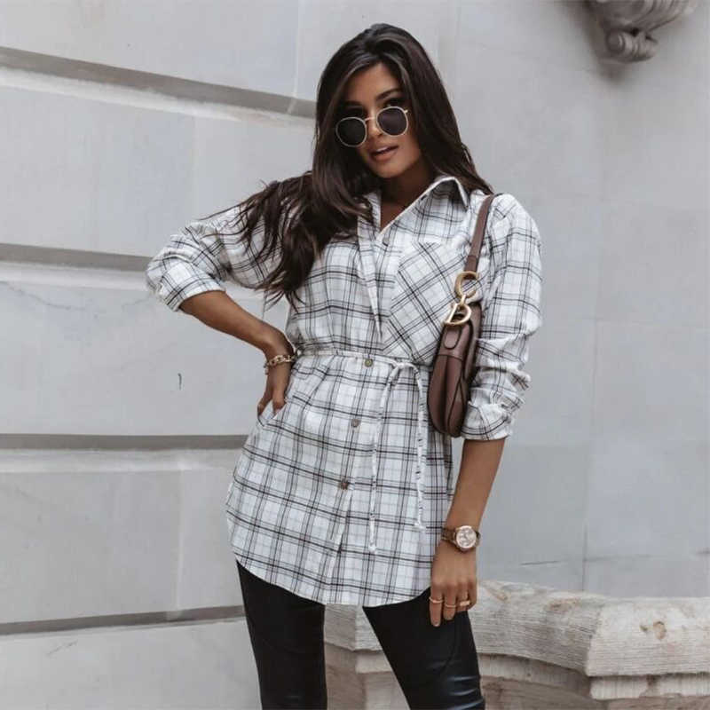 Long Sleeve Turn-down Collar Plaid Printed Single-breasted Shirt Women Bandage Casual Streetwear Mid-length Ladies Tops Shirts 210608, White
Long Sleeve Turn-down Collar Plaid Printed Single-breasted Shirt Women Bandage Casual Streetwear Mid-length Ladies Tops Shirts 210608, White