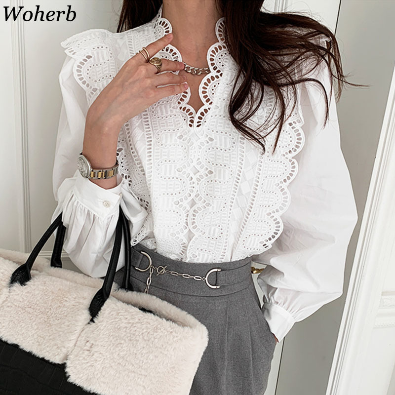 Blouse Women Korean Chic Elegant Shirts V-neck Heavy Lace Hollow Out Patchwork Blouses Loose Puff Sleeve White Tops 4H047 210519