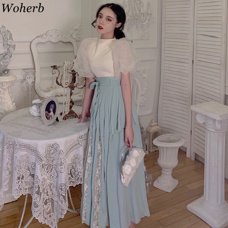 Elegant Lace Skirts Womens Faldas Largas Mujer Korean Fashion Clothing Bandage Pleated Skirt Summer Kawaii Femme 210519