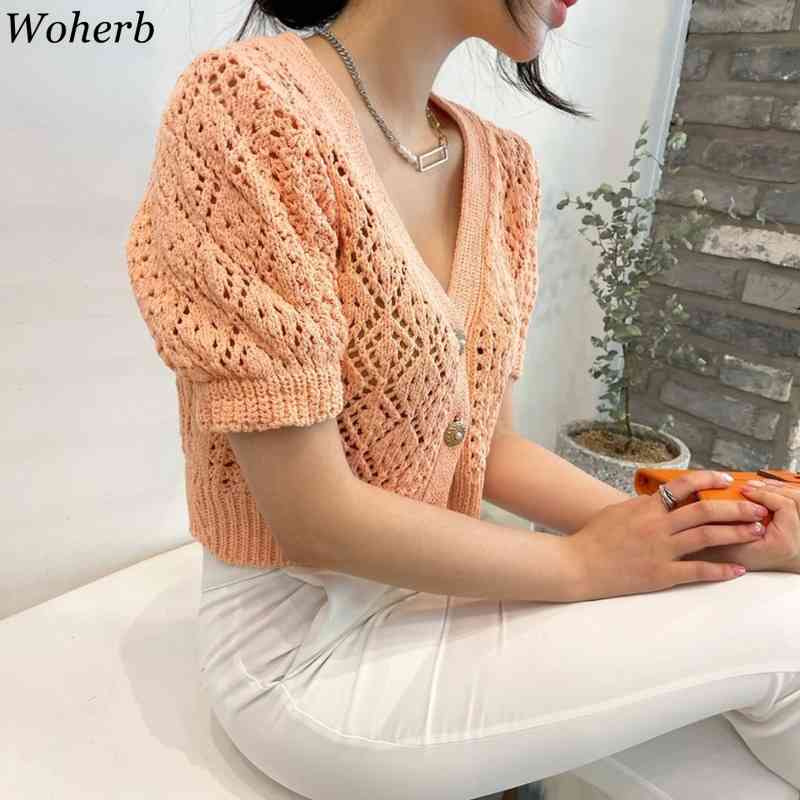 Chic Casual Retro V Neck Short Puff Sleeve Cropped Cardigan Women Hollow Coat Slim Knitted Sweater Tops Pull Femme 210519