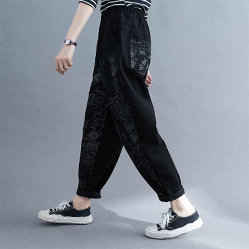 Autumn Arts Style Plus Size Women Jeans Elastic Waist Vintage Print Cotton Denim Harem Pants Femme Loose S47 210512