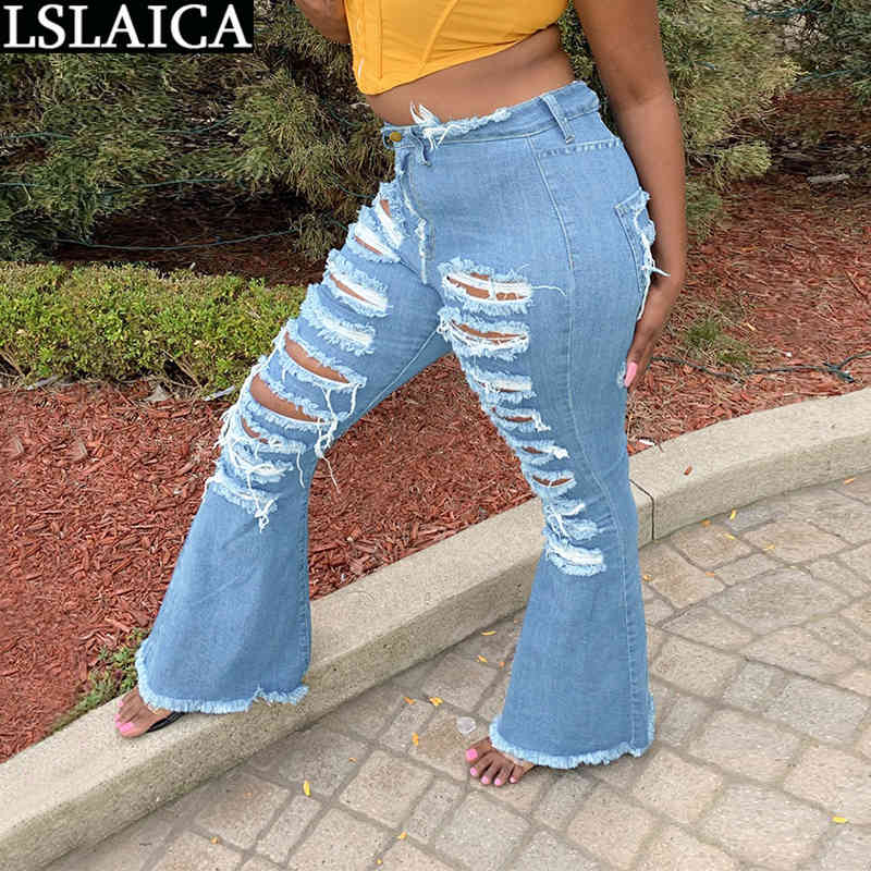 Pants Women Casual Plus Size Button Zipper Trousers Fashion Personality Hole Slim Flare Jeans Pantalones Para Mujer 210515