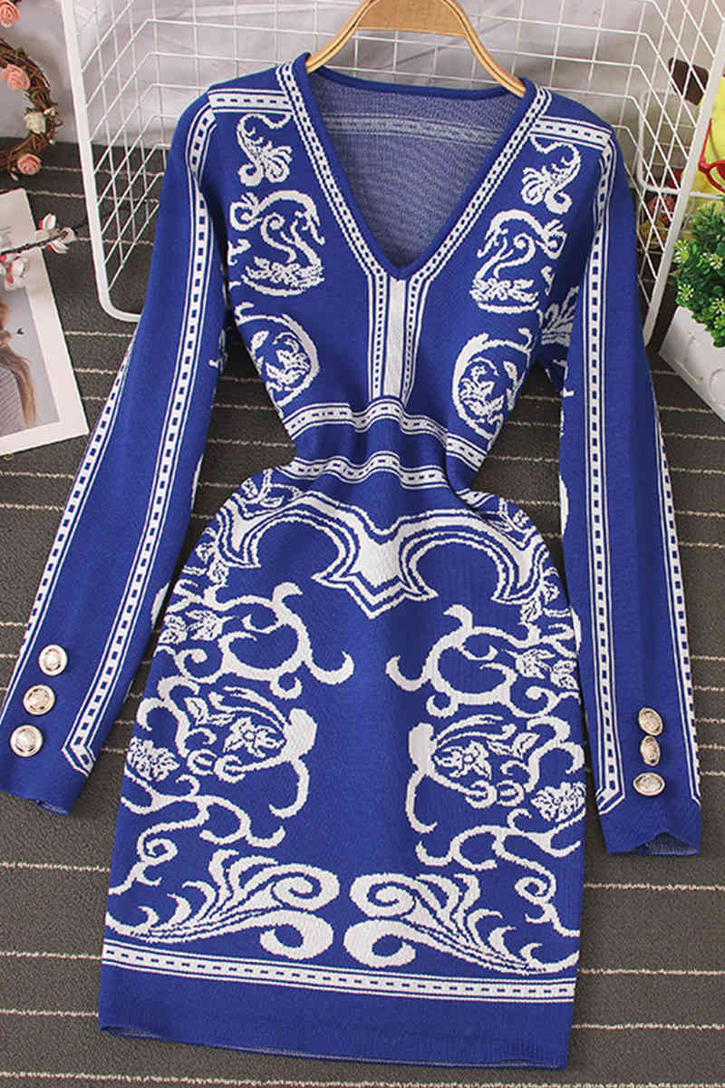 Fashion Sweater Dress Women Spring Autumn Stretch Knitted Dresses Boho Print Casual Slim Long Sleeve Bodycon Vestidos 210519
