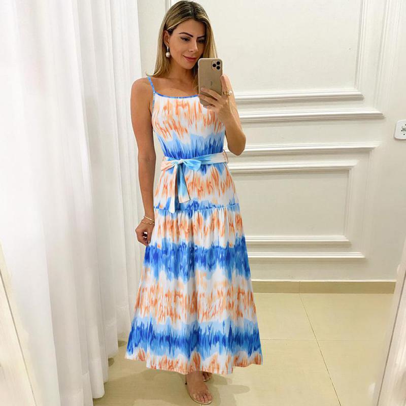 Women Dress Printed Bohemia es Sexy Long Print Floral Maxi Sleeveless Lace Up Spaghetti Strap Beach es 210513