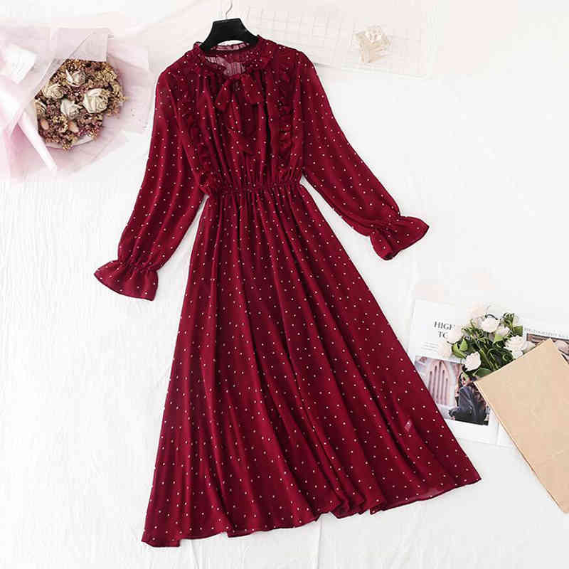 Women Elegant Long Dress Floral Print Bow Lotus Leaf Collar Lady Office Dress Vintage Long Sleeve Chiffon Dress Vestidos 210521