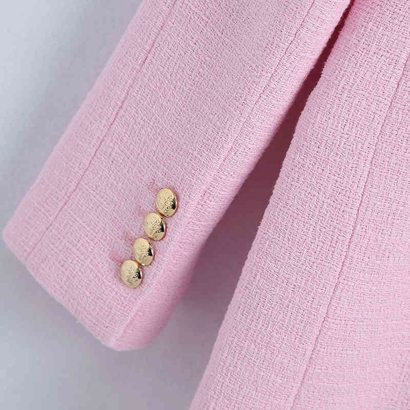 Women Vintage Pink Texture Tweed Blazer Coat Office Ladies Long Sleeve Suits Female Outerwear Chic Tops 210521