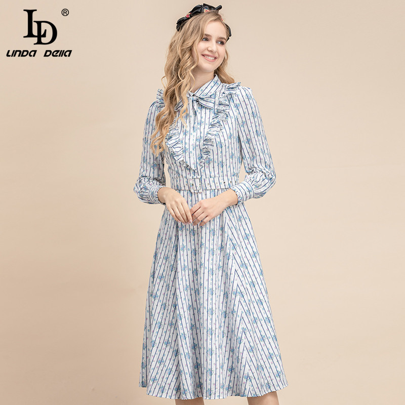 Summer Fashion Runway Dresses Women Elegant Bow Ruffle Sashes Long sleeve Striped floral print Vintage Midi Dress 210522