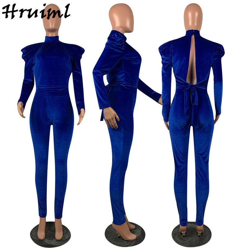 Elegant 2 Piece Set Women Long Sleeve O Neck Crop Top Blue Velour Tracksuit Fashion Pants Sets Solid Evening Party Club Outfits 210513