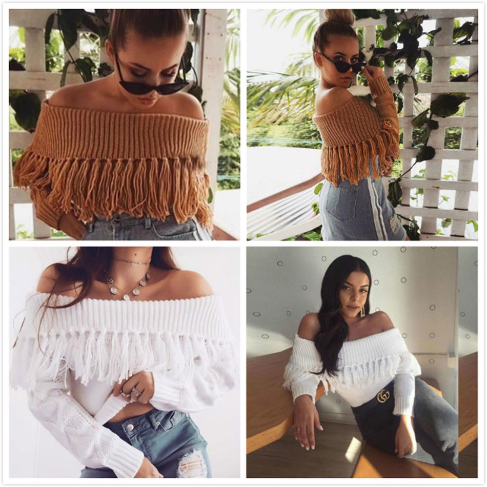Free Fashion Fringed Sweater Women Strapless Long Sleeve Skinny Solid Color Club Party Sexy Halter Top 210524