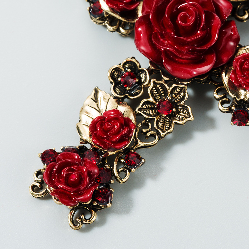 Long Cross Studs Earrings Women Retro Baroque Rose Flower Crystal Rhinestone Dangles Black Red White Color Fashion Design Acrylic Statement Street Par