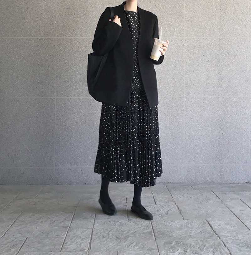 Korea Dot Long Sleeve Ruffle High Waist Spring Summer Preppy Style Sweet Loose O-Neck Dress 210615Z