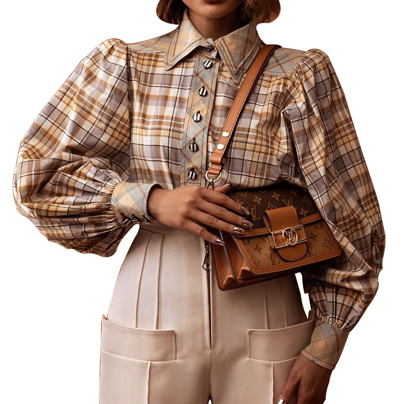 Women Blouse Woman Plaid Blouses Shirts Vintage Casual Plus Size Tops Bloues Stylish Long Sleeve s Clothes 210524