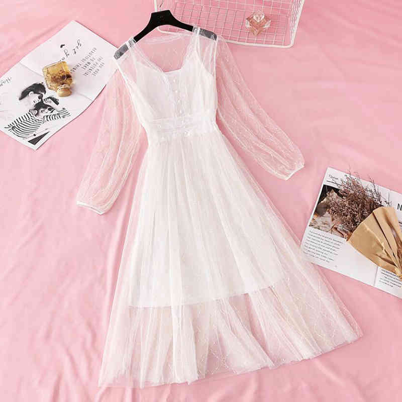 Solid Color Women Dress 2-piece Set Spring Summer Vintage Sweet Mesh Dresses Long Sleeve Party Dress Robe Femme Vestido 210521