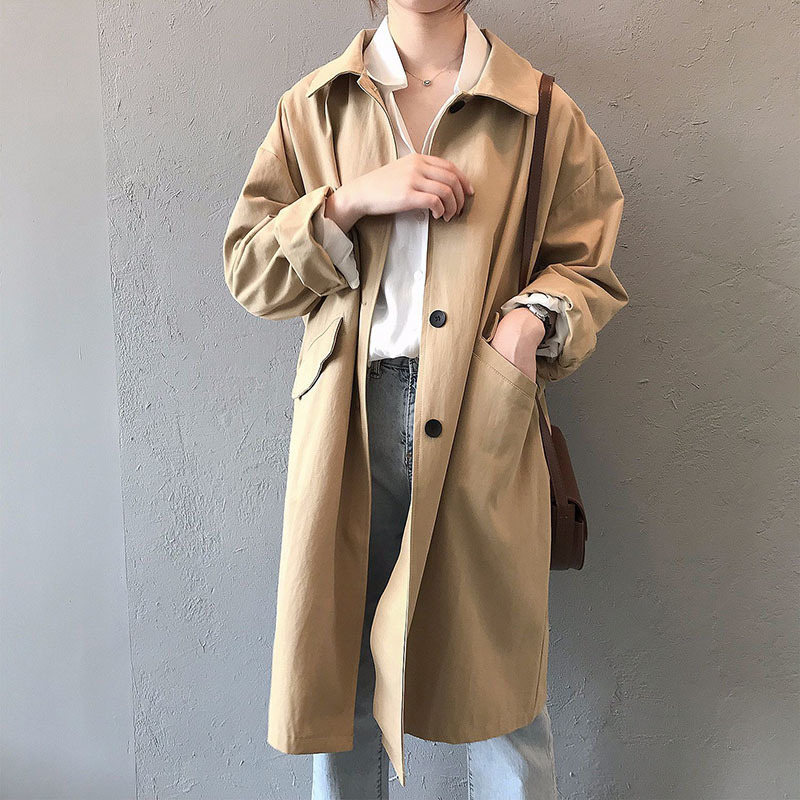 Long Trench Coat For Women Fashion Loose Cotton Overcoat With Pockets Solid Single Breasted Casual Windbreaker Outerwear 210515