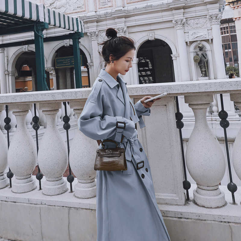 Autumn Women Trench Coat With Belt Clothes Blue Casaco Feminino Harajuku Abrigo Mujer Long Femme 210914