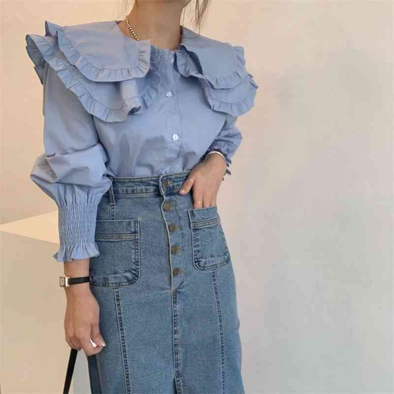 Double-layer Korean Women Blouses Shirts Spring Full Sleeve Single-breasted Tops Elegant Office Ladies Fashion Blusa 210514
