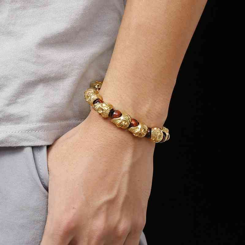 KALEN Punk Skull Charm Bracelet Men Stainless Steel 8mm Natural Stone Beads Beaded Brecelets Male Gothic Jewelry 210323