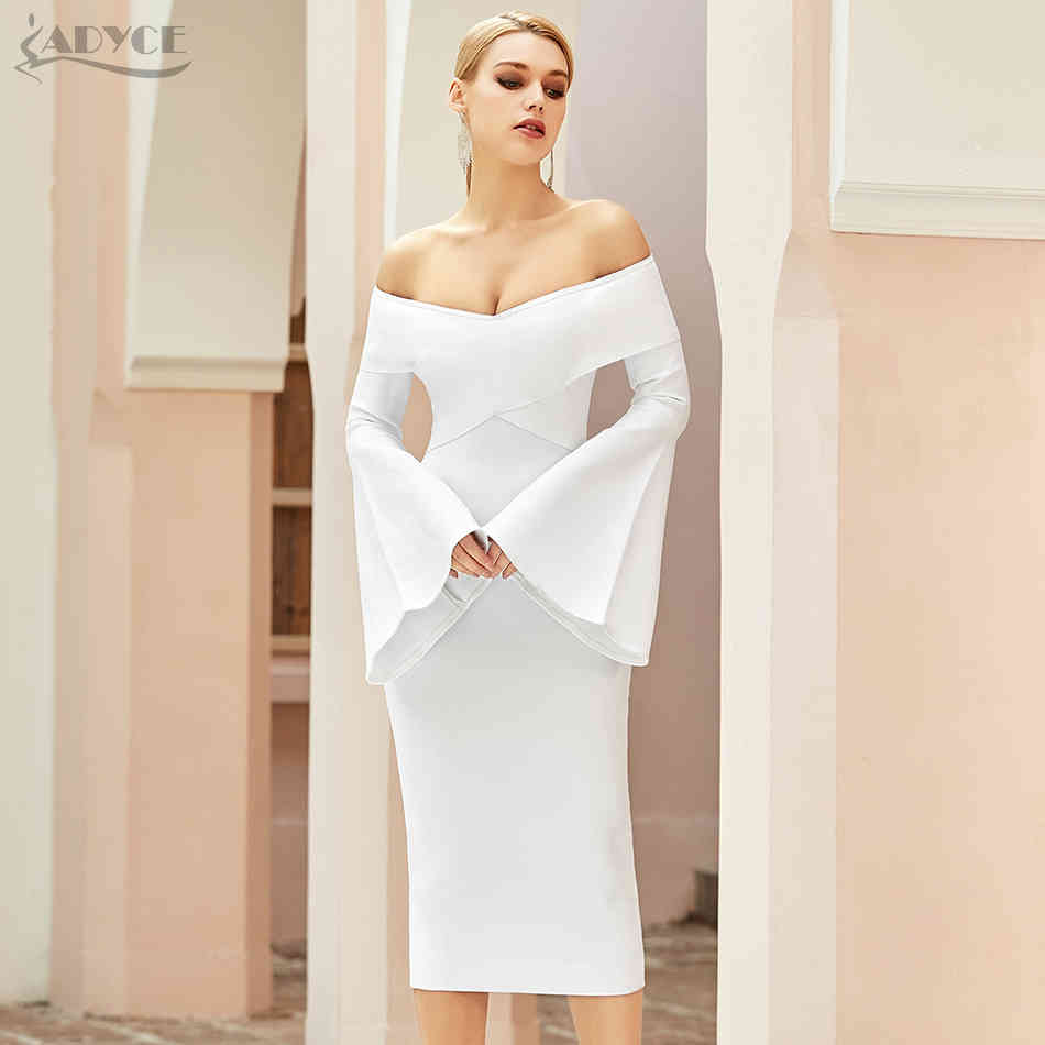 Winter Off Shoulder Long Flare Sleeve Club Bandage Dress Sexy Women White Bodycon Celebrity Runway Party Dresses 210423