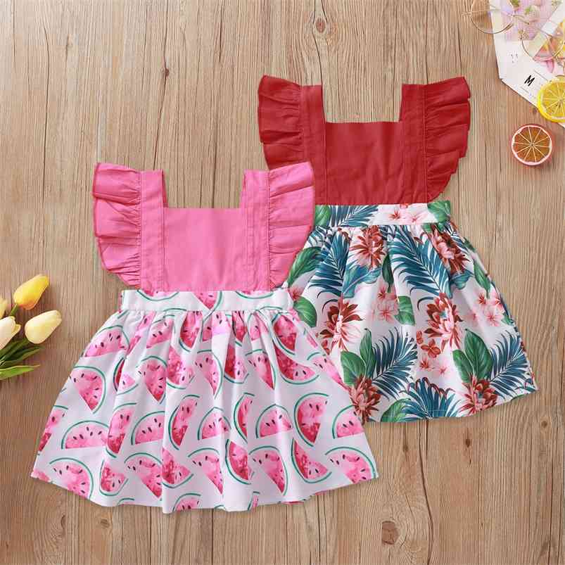 

Summer Arrivals Girls Cute Dress Fly Sleeve Patchwork Print Watermalon Girl Streetwear 0-2T 210629, Pink