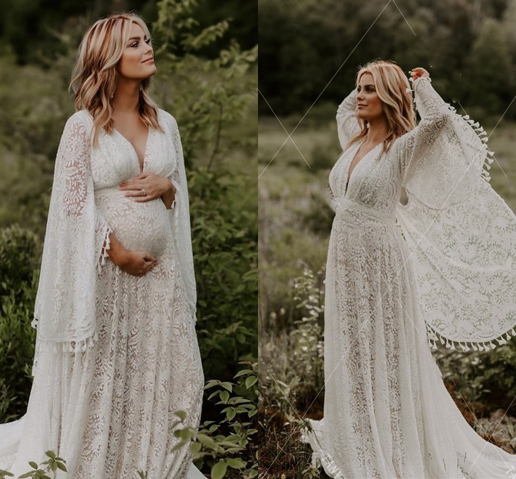 Country Bobo Lace Wedding Dresses Flare Sleeve High Wasit softness mercy dress Pregnant Bridal Gowns Plus Size Tassel
