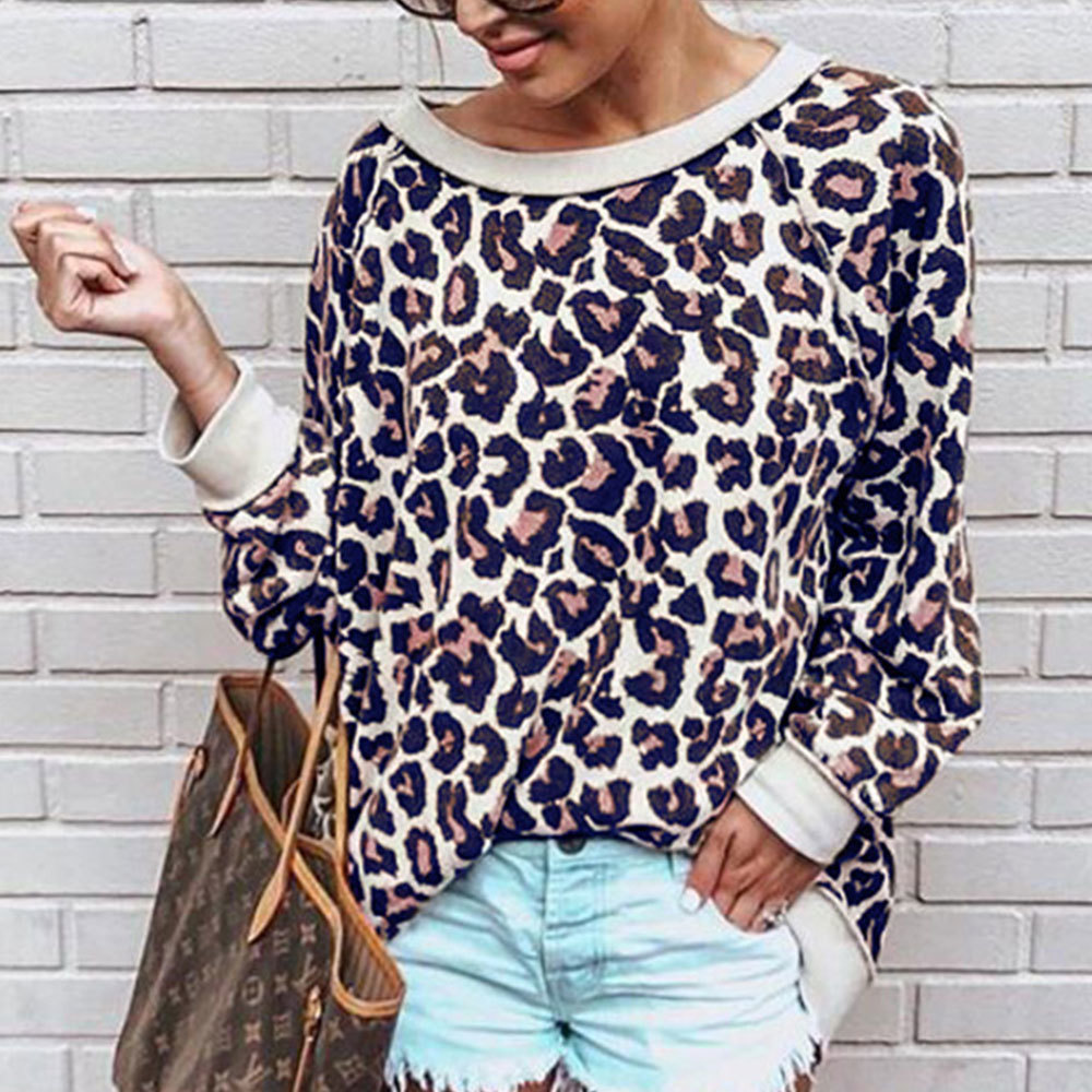 Women Leopard Print Sweatshirt Long Sleeve O Neck Loose T Shirt 5 Colors Casual Pullovers Vintage Tops Spring 210428