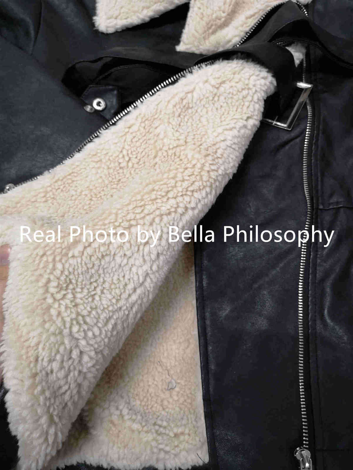 Bella Autumn Winter Temperament Turn Down Collar coats Zipper With Belt Women Loose Lamb Hair PU Fur Jacket 211130