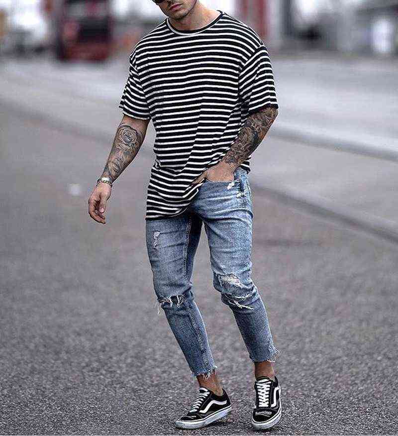Casual Skinny Jeans Ankle Length Ripped Denim Pant Zipper Fly Men Clothing Cut Bottom Pencil Pant Light Blue Cowboys Streetwear 211120