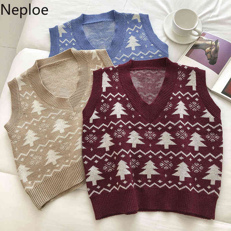 Neploe Vintage Christmas Trees Sweater Vest Women V-neck Knitted Korean Pullovers Waistcoat Loose Short Tank Tops Femme 4H368 210422