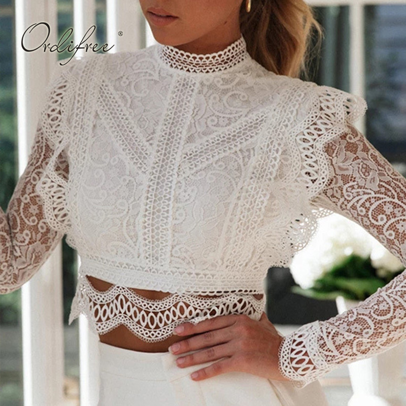 Ordifree 2021 Summer Women White Lace Blouse Short Sexy Tops Long Sleeve Ruffle Blouse Shirt 210317