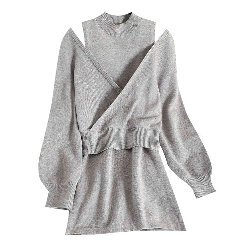 Two Piece Set Women Sleeveless Knitted Bodycon Dress Sexy Cropped Sweater Pullover Lady Casual Korean Style Elegant Suit 210519