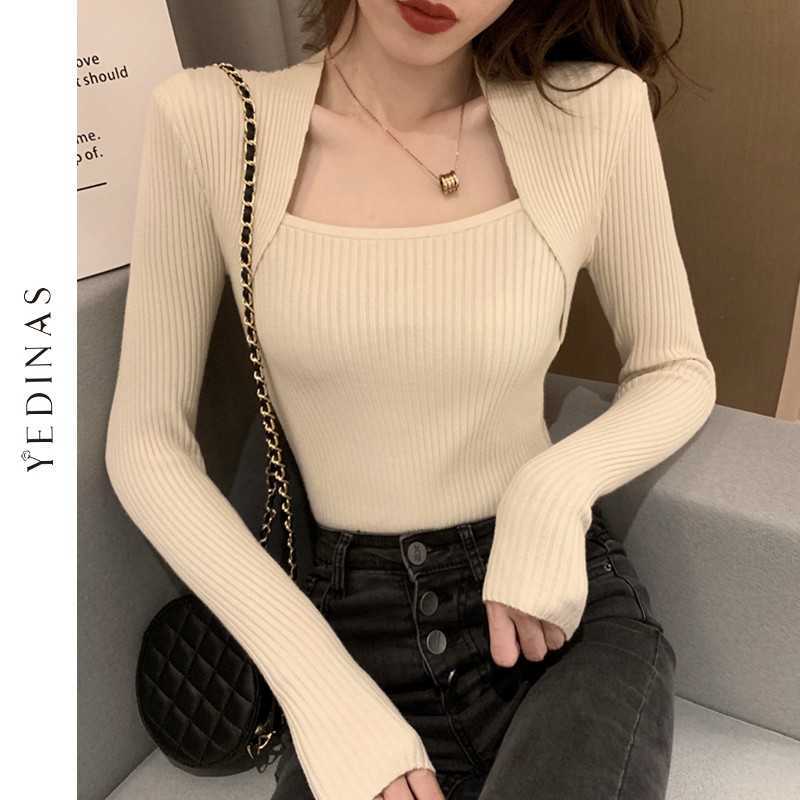 Yedinas Fashion Korean Style Autumn U-neck Knitted Sweater Long Sleeve Slim Winter Tops Sexy Chic Pullover Female Jumper Elastic 210527