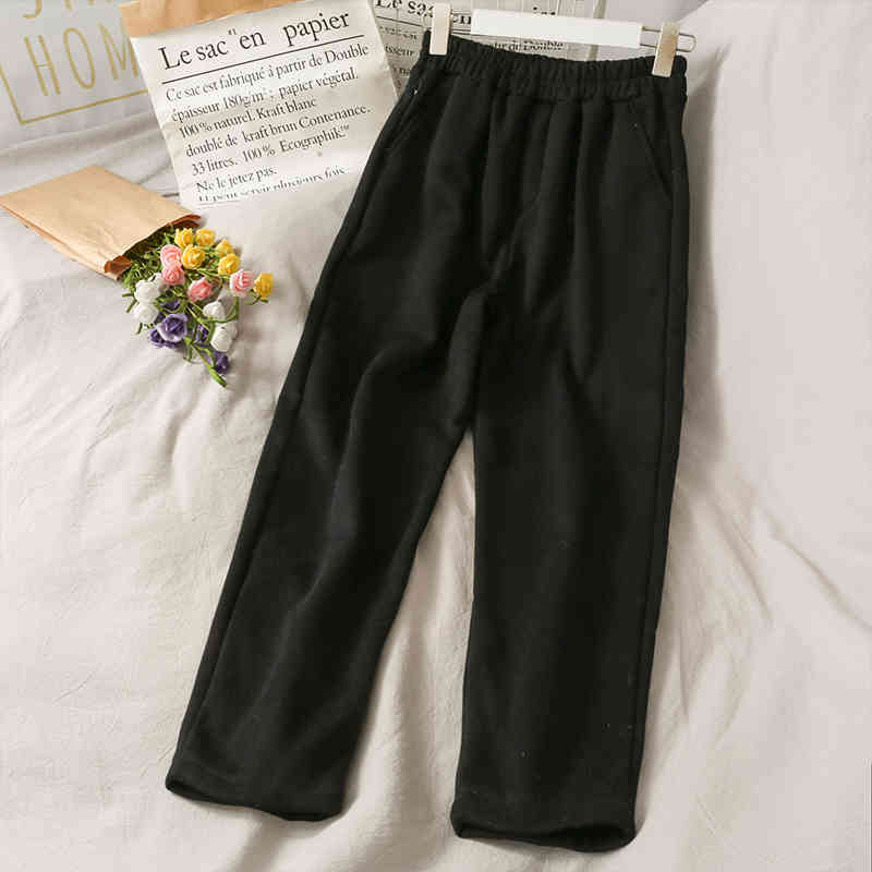 Nomikuma Fleece Causal Straight Long Pants Autumn Winter Women Trousers Causal Stretch High Waist Pants Pantalones 6D128 210427
