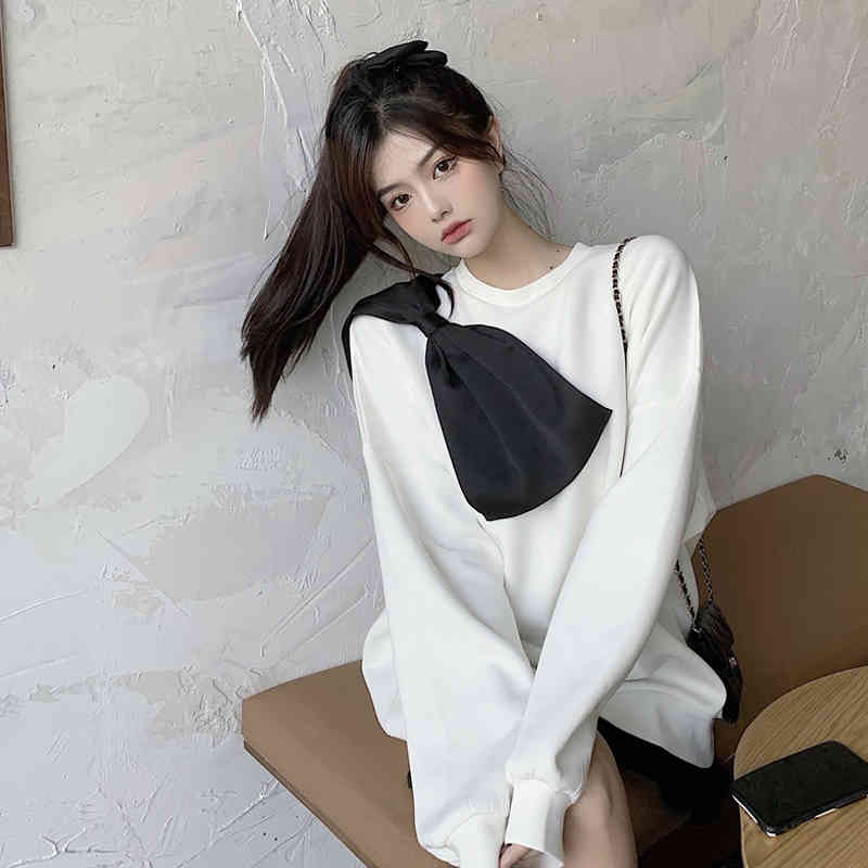 Nomikuma Korean Sweet Hit Color Bowknot Patchwork Sweatshirt Causal Long Sleeve Women Hoodies Autumn Winter Jumper 6C972 210427