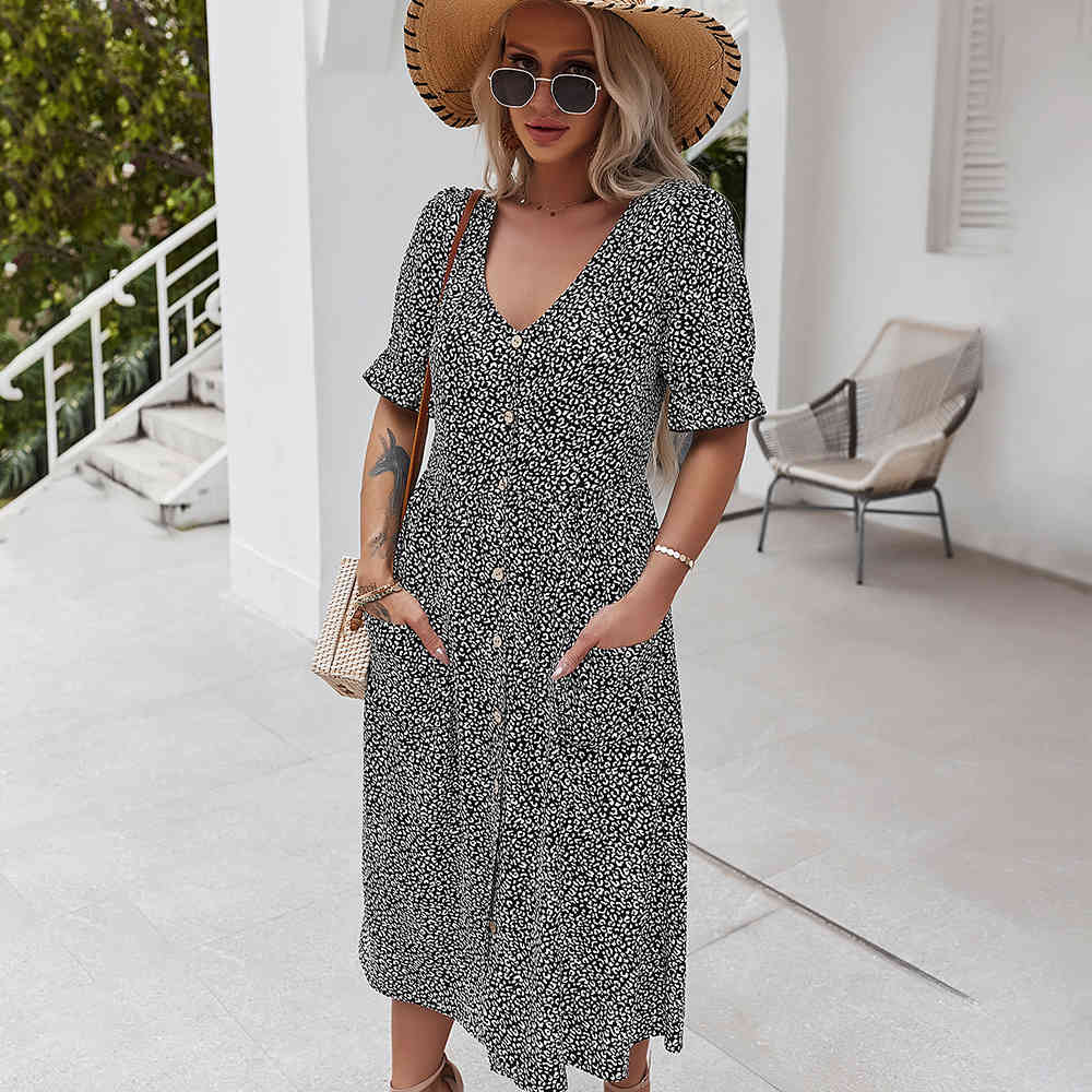 Elegent women summer dress Cotton And Viscose A-Line V-Neck Buttons Printing female Ankle-Length Dress 210524