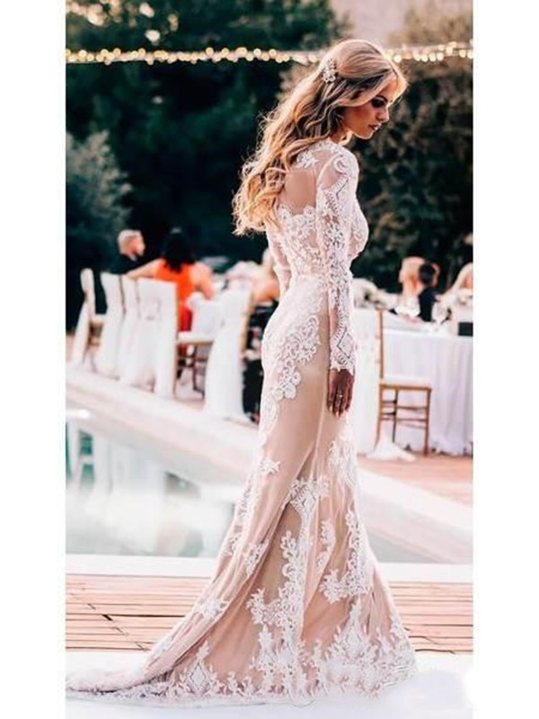 Champagne Country Mermaid Wedding Dresses with Ivory Lace Applique Long Sleeve Jewel Neck Outdoor Bohemian Fishtail Bridal Gowns