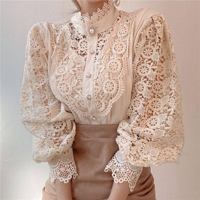 Women's Blouses & Shirts White Women Cut Out Meah Summer 2021 Collared Shirt Woman Button Up Casual Long Sleeve Top
