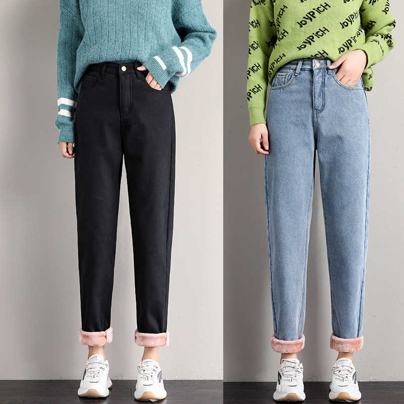 Winter Jeans for Women Velvet Thick Warm Denim Pants High Waist Fleece Mom Vintage Wide Leg AnkleLength Harem 210922