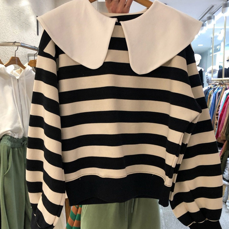 Nomikuma Korean Hit Color Stripe Hoodie Women Sweet Peter Pan Collar Sweatshirts Causal Long Sleeve Spring Pullover 6G019 210427