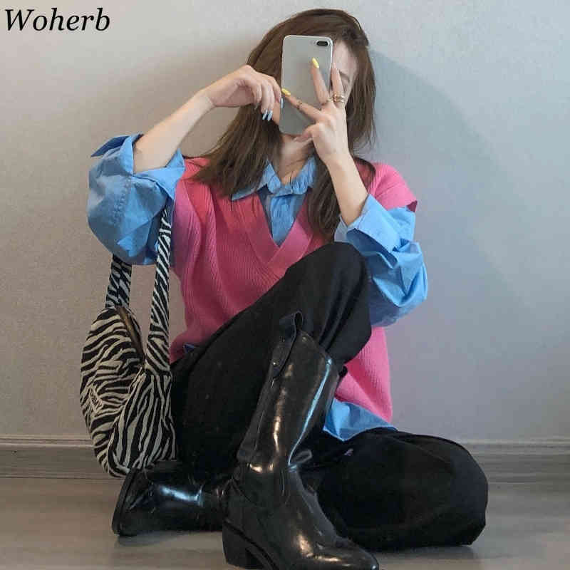 Two Peices Set Women Korean Chic Outfits Pink Sweater Vest + Blue Long Sleeve Shirt Blouse Casual Suit Femme 210519