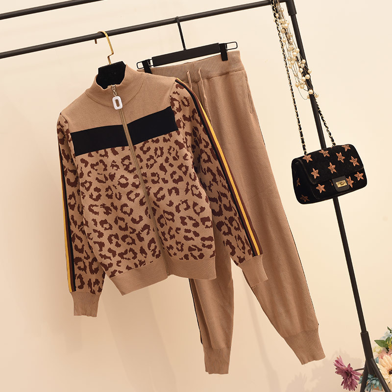 Women Leopard Print Zipper Long-sleeved Cardigans + casual Pants 2pcs Knitting Tracksuits Stretchy Sporty Jumper Trousers Suit 210518