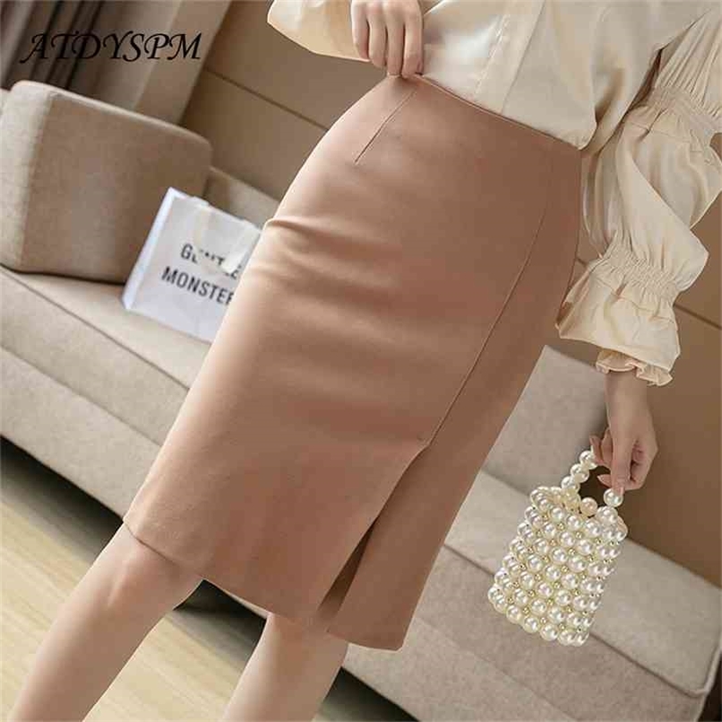 All-Match Knee-Length High Waist Pencil Skirts Women Comfortable Elastic Fabric Large Size Office Skirt Female Casual Clothing 210619